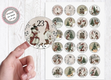 Preview: 24 Stück zuckersüße Adventskalenderaufkleber Sticker Vintage Weihnachten  /4cm rund mit-oder ohne 24 Beutelchen aus Kraftpapier